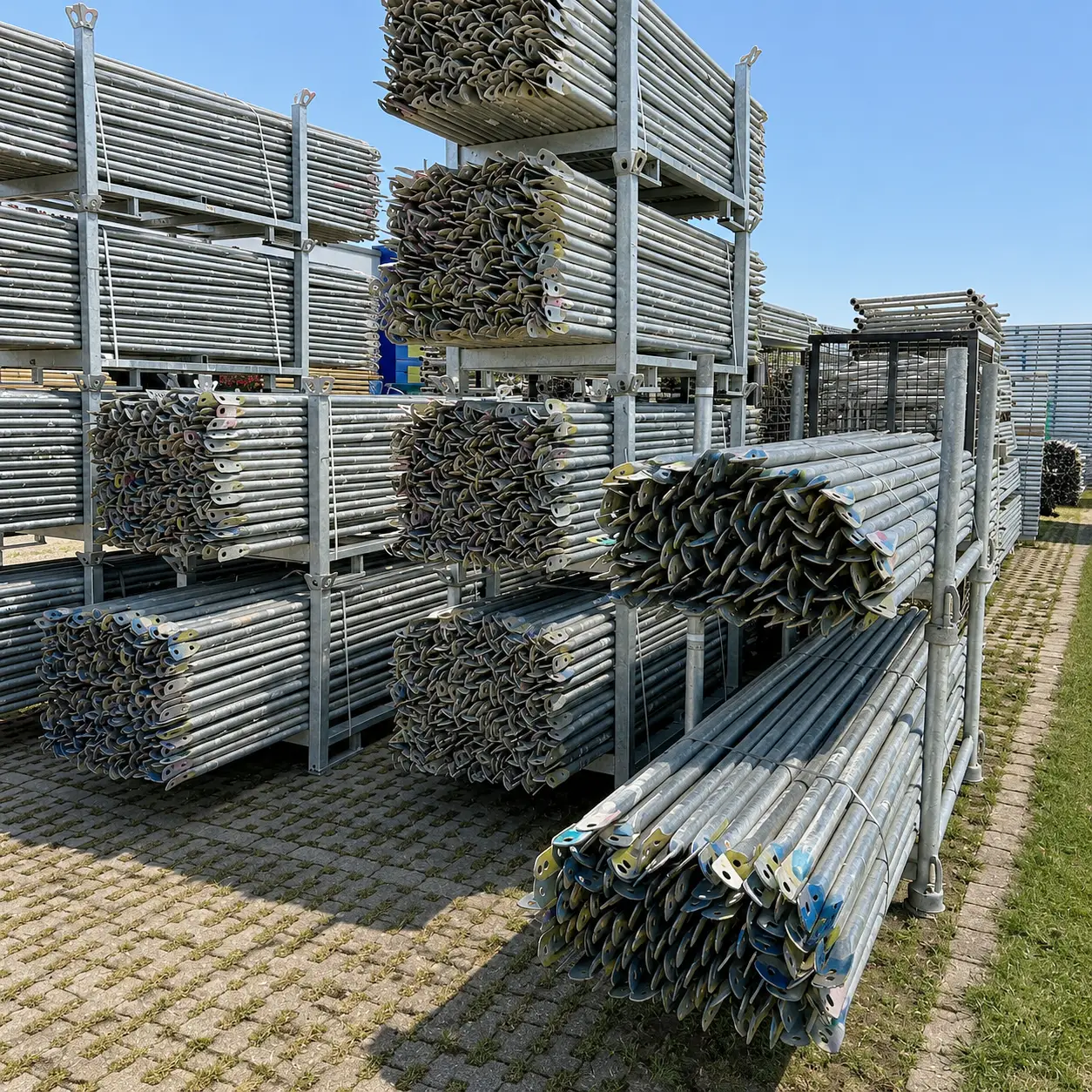 Transportgestelle mit gebündelten Gerüstrohren und Kupplungen auf dem Hof